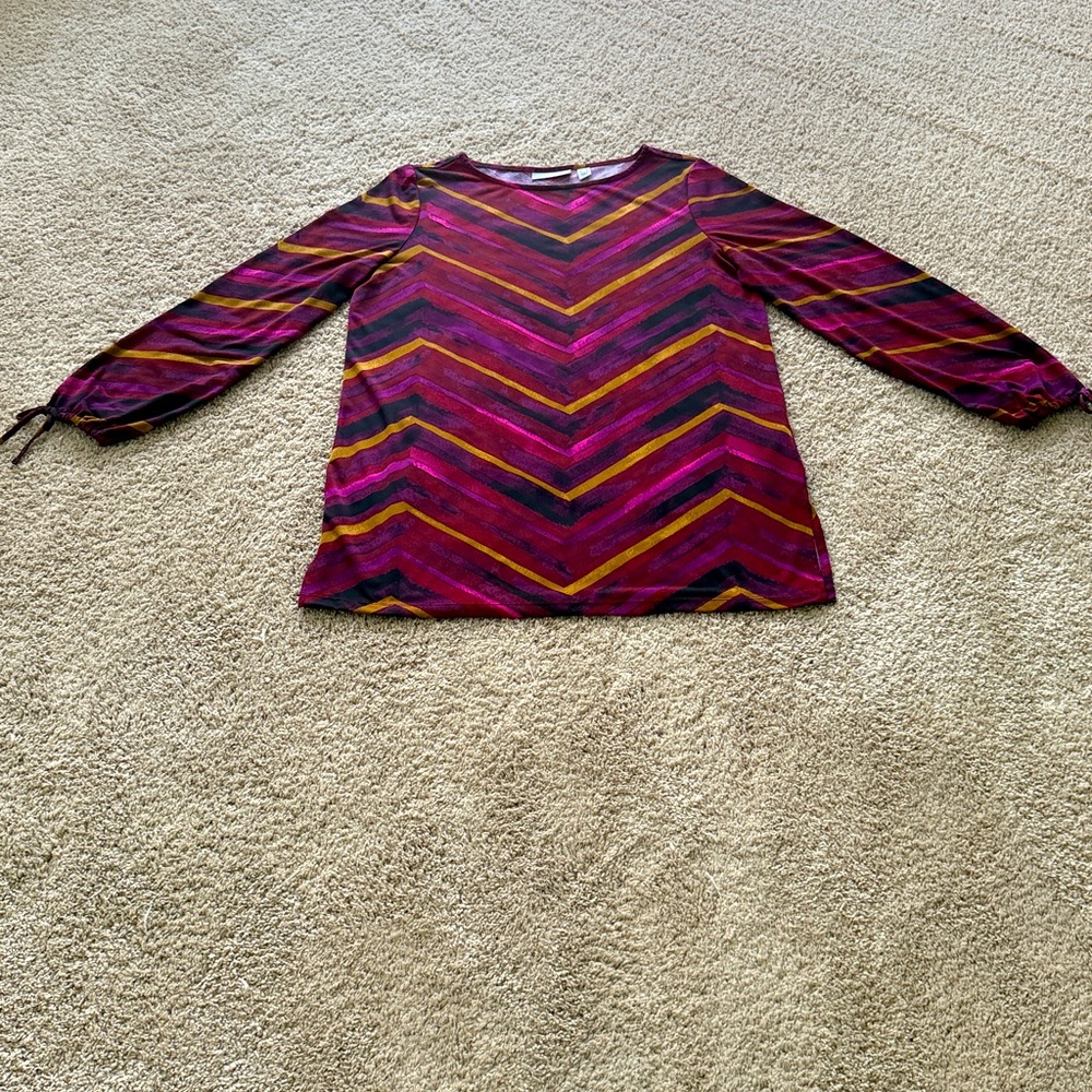 Susan Graver Multicolor Chevron Blouse Small purple, gold black pullover.